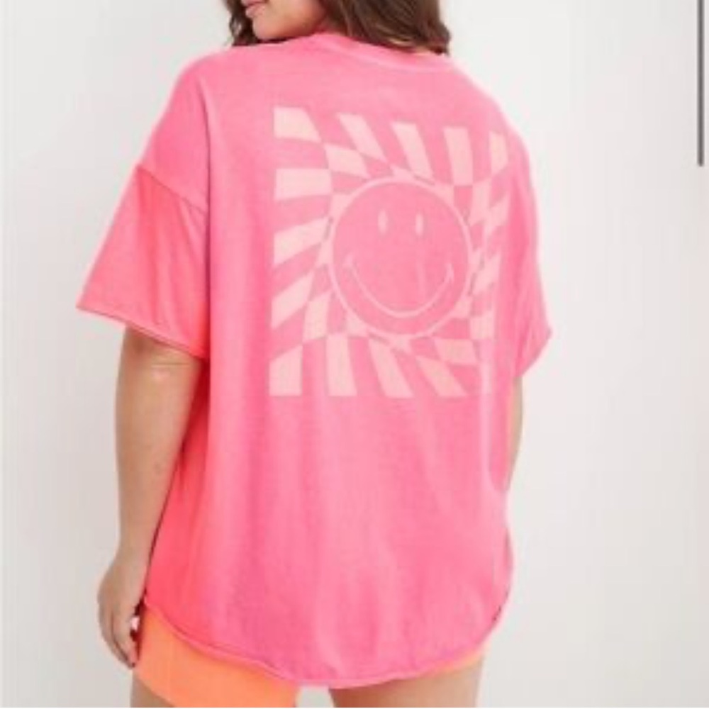 Aerie Bright Pink Smiley Face Oversized Tee Front & Back Graphic | M NWOT